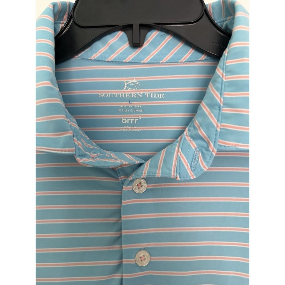 Southern Tide Polo Shirt Mens L Blue Stripe Brrr Golf Performance Preppy